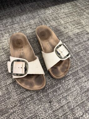 Birkenstock Cream Canvas Single Strap Sandals with Silver Buckles